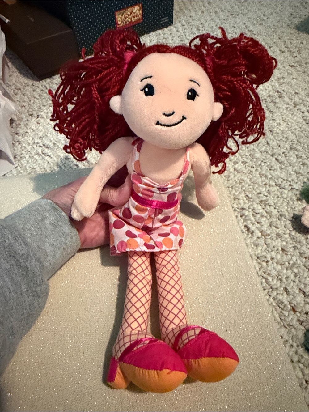 Groovy girl doll. Red-Haired Plush Doll in Pink Polka Dress by